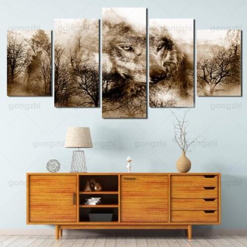 Modern Abstract Black White Sketch Forest Wolf Ferocious Animal Painting Art Exhibition Frameless Canvas Printing Custom Poster