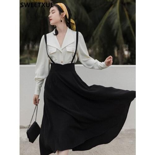 SWEETXUE Lady Spring Retro Fashion 2-Piece Set V-neck White Shirt + High Waist Strap Black Skirt Elegant Chic Suits Womens