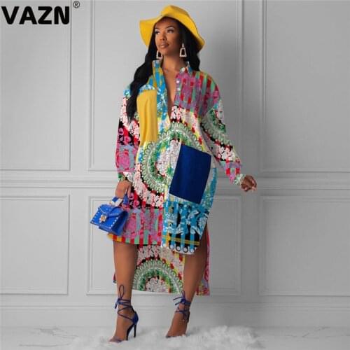 VAZN QM3849 hot product 2019 print colorfuldress full sleeve v-neck casual dress sexy girl dress
