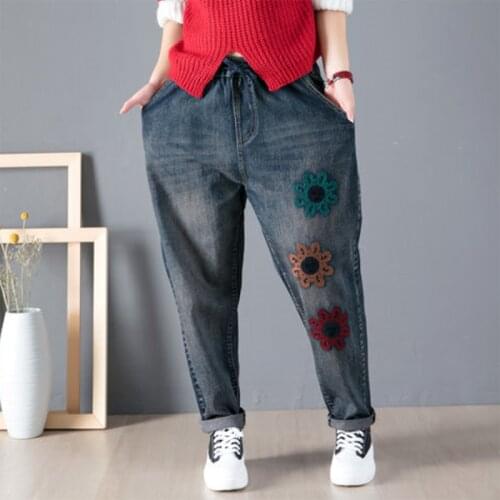 2021New Spring Autumn Jeans Women Art Cartoon Embroidered Harem Pants Female Patch Elastic Retro High-Waist Ladies Trousers L597