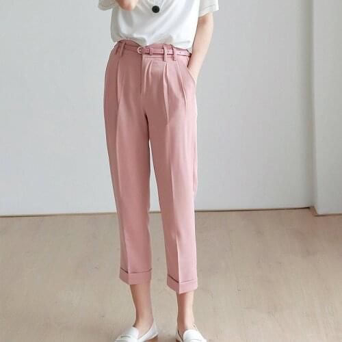Pink Beige Ankle-Length Pencil Pants With Belt 2021 Korean Fashion Office Lady Crimping Chic Thin Suit Trousers For Women Summer