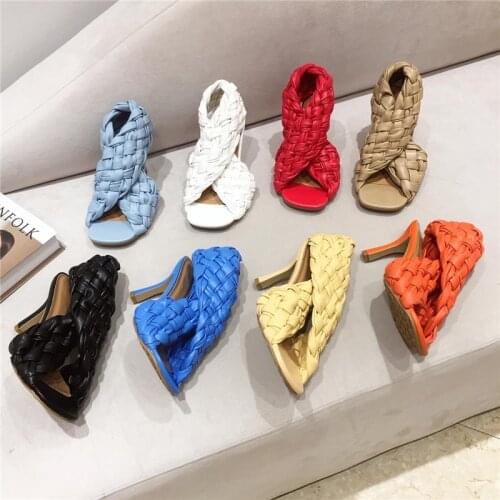 2021 Luxury Women Blue Orange Weave Gladiator Sandals Sexy Thin High Heels Brand Designer Open Toe Rome Sandals Big Size Shoes