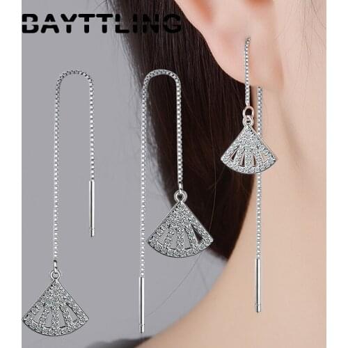 BAYTTLING 107MM 925 Sterling Silver Exquisite Zircon Fan Drop Earrings For Woman Fashion Party Tassel Earrings Jewelry Gift
