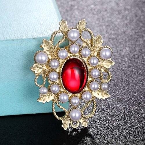 Zlxgirl fashion colorful Red and blue resin flower hijab accessory gold color Brooch vintage women clothing pearl scarf pins