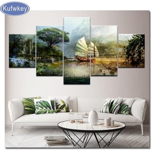 5 Panel set Diamond embroidery Cross stitch The guild wars Full Square Diamond painting lake tree scenery DIY mosaic landscape