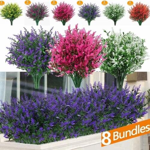 8 Bundles Artificial Flowers Lavender Home Greenery For Indoor Outside Garden Yard Wedding Decor Uv Resistant No Fade Plants