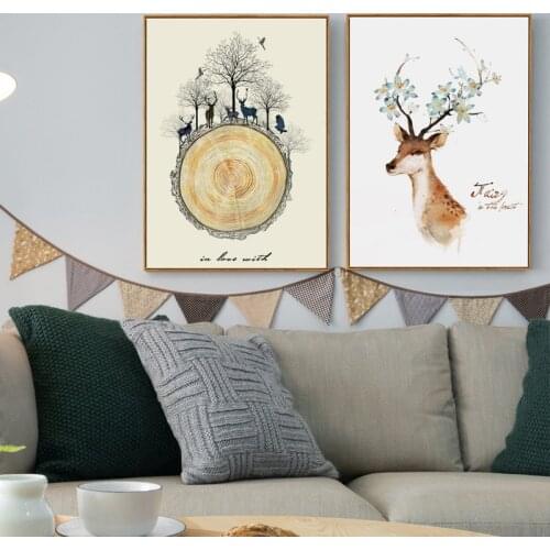 Abstract Animal Deer Silhouette Elk Head Scenery Tree Ring Canvas Painting Wall Picture Print Poster Room Decor Sofa Background
