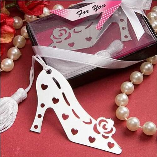Free Shipping 10pcs/lot "High Heels" Metal Bookmark With Tassels Ribbon Gift Box For Party Gift Or Souvenirs