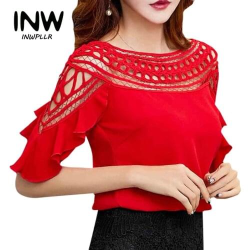 Summer Blouses Shirts Women Hollow Lace Patchwork Tops Ladies 2018 Fashion Short Sleeve Chiffon Blouse Plus Size Blusa Feminina
