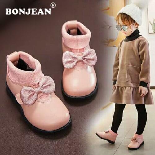 Toddler Girl Bowknot Boots Pincess Baby Girl Shoes Butterfly Autumn Keep Warm Children Sneakers Fashion Solid Casual Anti-slip