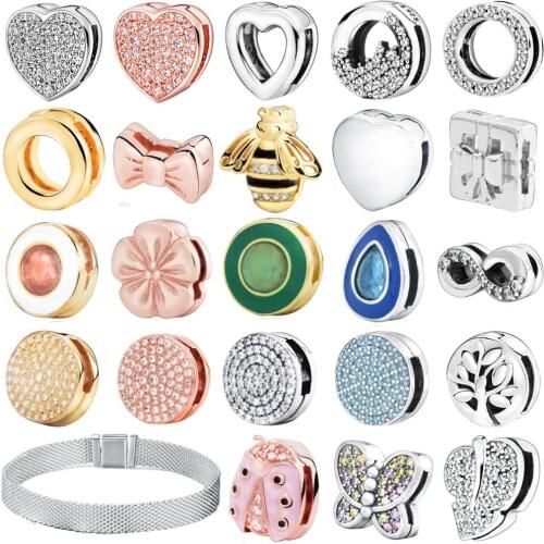 925 Sterling Silver Clips Charms Fit Original Pandora Bracelets Heart Flower Clips Beads Women DIY Fashion Jewelry Lady Gift