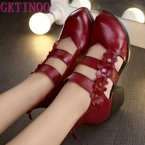 GKTINOO brand women shoes summer sandals high heels 2019 Handmade Flowers fashion sandals genuine leather shoes woman sandals