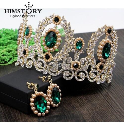 HIMSTORY Luxurious Baroque Green Rhinestones Crown Queen Hair Ornaments Prom Jewelry Bridal Wedding Studio Hair Accessories