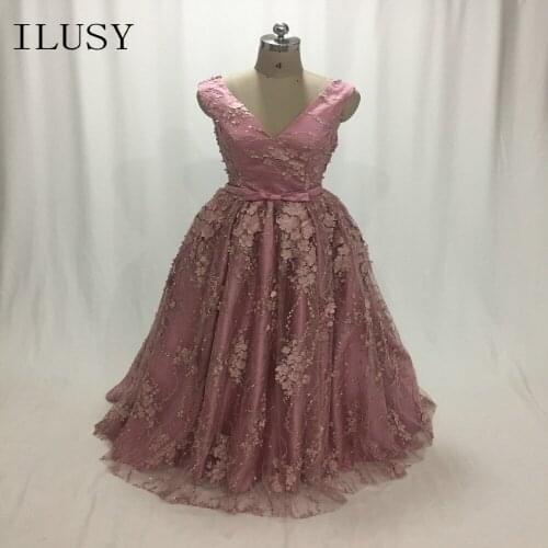 ILUSY V Neck Sparkly Evening Dress 2018 Purple Evening Party Dress Elegant Lace Vestido de Festa