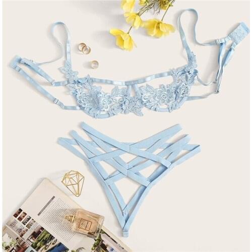 Lace Bra Set Straps Women Hollow Out Sexy Costumes XL Black Lingerie Set Transparent Bra + Panty Open Crotch RB80854