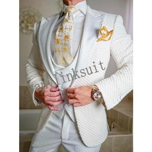 Fashion One Button Iovry Groom Tuxedos Peak Lapel Mens Toast Business Suits Evening Dress (Jacket+Pants+Vest+Tie) W:128