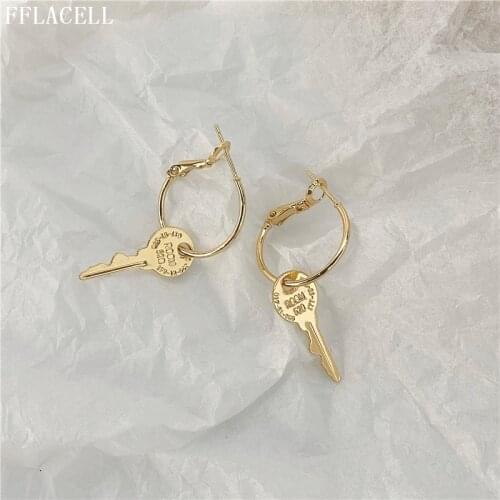 FFLACELL 2020 New Punk Gold Metal key Drop Earrings Geometric Round Big Circel Earrings For Women Girls Party Jewelry Gifts