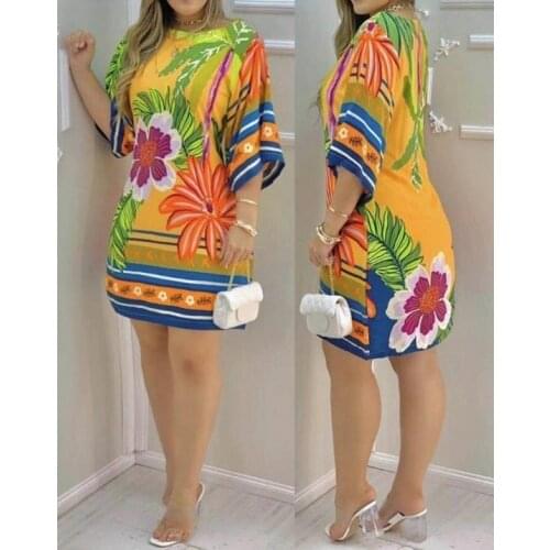 Cutubly Short Sleeve Dresses Fashion Floral Print Midi Dresses Casual Loose O Neck Sexy Dresses For Women Party Club Summer 2021