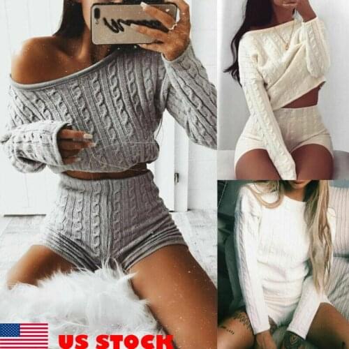 Casual Women Knit Crop Tops +Pants Tracksuit Sweatshirt Sweat Suit Lounging Set 2Pcs Gray/White Fashion