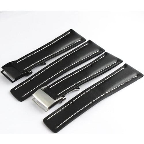 20mm 22mm 24mm Black Smooth Genuine Leather Strap Watch Band Deployment Clasp For Breitling Navitimer