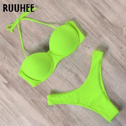 RUUHEE Brazilian Thong Bikini Set 2021 Women Push Up Bikini Solid Swimsuit Sexy Straps Swimwear Bathing Suit High Cut Biquini