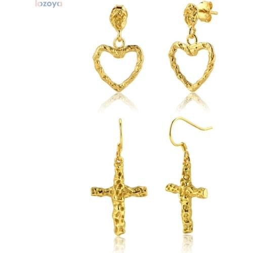 LOZOYA 100% 925 Sterling Silver Gold 37mm Cross Jewelry Pendiente Drop Earring Big Large Luxury 2021 Fashion Fine Piercing