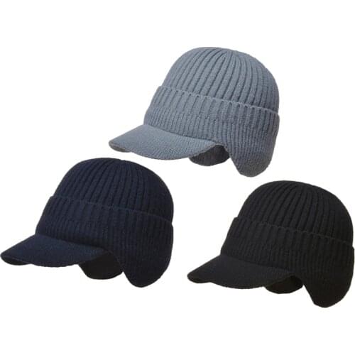 Men Winter Visor Brim Earflap Beanie Hat Knitted Thicken Plush Lined Skullies Baseball Cap Windproof Neck Warmer