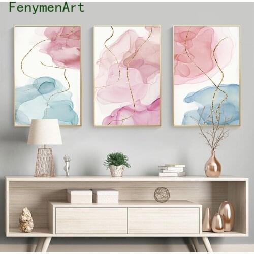 Blue Pink Geometric Golden Lines Canvas Painting Boho Poster Print Modern Abstract Wall Art Pictures Bedroom Room Home Decor