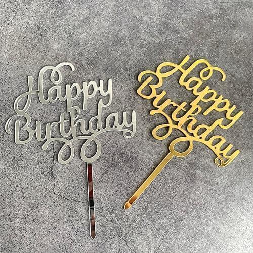 Happy Birthday Cake Topper Acrylic Cake Decoration Gold Sliver for Father`s Mother`s Day Cake Toppers Baby Shower Cake Toppers