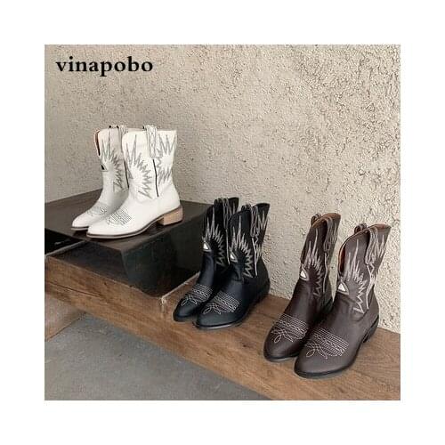 Brand western cowboy boots women mid-calf chunky wedges boot runway fashion Embroidery PU leather woman ankle pointed toe boots