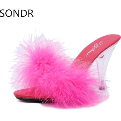 US4-11 Women Clear Transparent Open Toe Stilettos Pumps Slingback Crystal Faux Fur Colorful Shoes Sexy 5Colors Plus Size B131