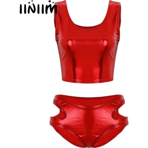 Women Exotic Set Shiny Scoop Neck Tank Sleeveless Sexy Crop Top Bikini Shorts Hollow Out Low Rise Mini Briefs Lingerie Outfit