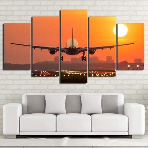 5 Panel Pictures Airplane Painting Sunset City Landscape Art Poster Airplane Canvas Prints Large Framed Wall Art