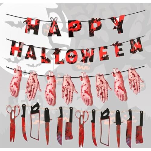 8/12/14 pcs Halloween Plastic Blood Knife Tools Sets Letters Hands Feet Blood Knives Banners Horror Haunted Halloween Decor