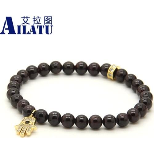 Ailatu 6mm Natural Garnet Stone Beads Micro Inlay Zircons Fatima Hand Hamsa Pendant Bracelet Womens Jewelry