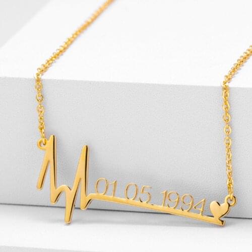 Free Shipping Personalized Gold Plated Heart Beat Necklace Custome Year Date Name Pendant for Grilfriend Gift