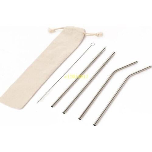 Free Combination!! Customized Bag Packing 4+1 Reusable Stainless Steel Drinking Straws Set Metal Straws Set with Cleaning Brush