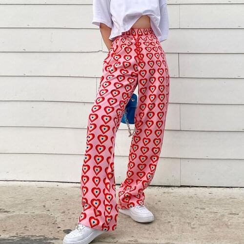 Love print pink casual wide leg pants capri Women streetwear loose high waist pants Summer beach vintage thin female trousers