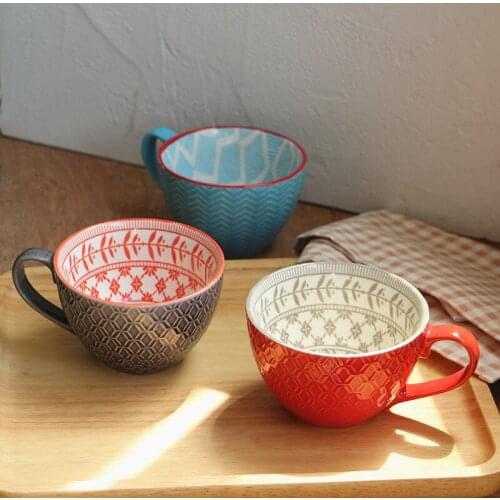 Ceramic Hand Painted Coffee Cup Mug for tea Creative teacup Vintage Breakfast Cups Cafe Embossed tea Cup Colorful Handpainted