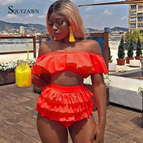Ruffles 2 Pieces Set Beach Outfits 2019 Summer Women Slash Neck Off the Shoulder Crop Tops and Mini Skirt Set Swim Suit Vacation