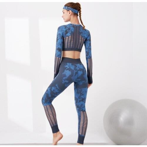 NORMOV Fitness Camouflage Sets Women Seamless Mesh Hollow Long Sleeve Two-Piece Set Female Slim Elastic High Waist Workout Suit