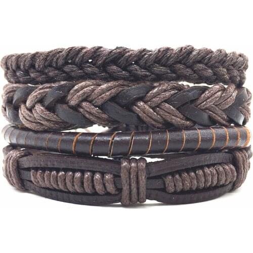 Handmade Brown Beaded Ethnic 4pc/set Handmade Leather Bracelets Women Vintage Men Bangle Male Homme Jewelry Accessories