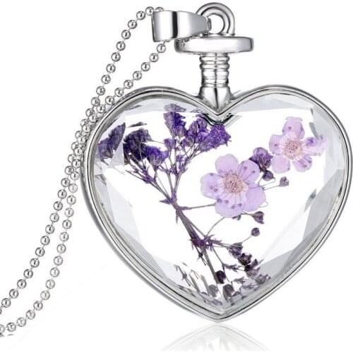 Beautiful Dried Flower Glass Locket Heart Pendant Necklace Purple Crystal Glass Pendant Necklace Summer Jewelry Gifts