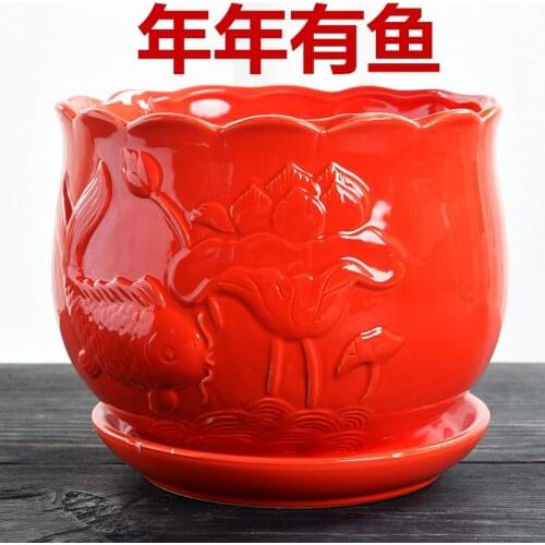 Red Flowerpot Ceramic With Tray Simple Chinese Style Home Green Plant Creative Green Radish Orchid Succulent Small Flower Pot