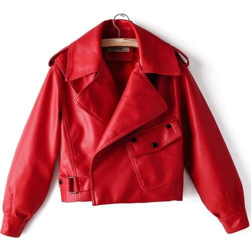 Spring Autumn New Women Faux Leather Jacket Pu Motorcycle Biker Red Coat Turndown Collar Loose Streetwear Black Punk Outerwear
