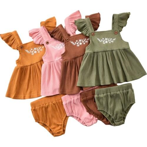 2Pcs Newborn Summer Outfits Floral Print Square Collar Ruffle Sleeves Tops + Solid Color Ribbed Shorts for Baby Girls