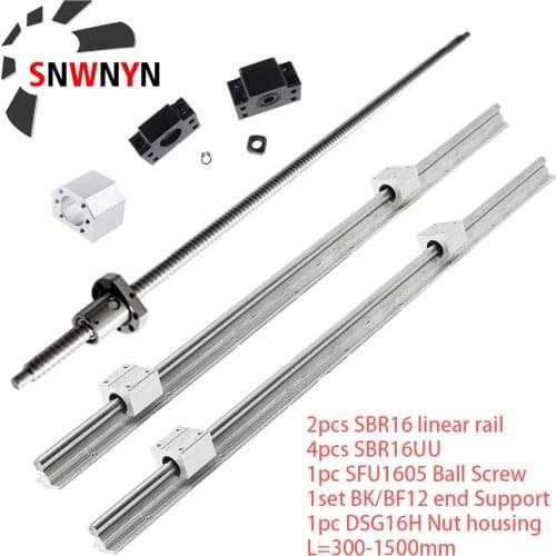 Set 1pc SFU1605 Ball Screw End Machined+2pcs SBR16 Linear Rail Support+4pc SBR16UU Block Bearing+1605 Nut Housing+BKBF12 Support