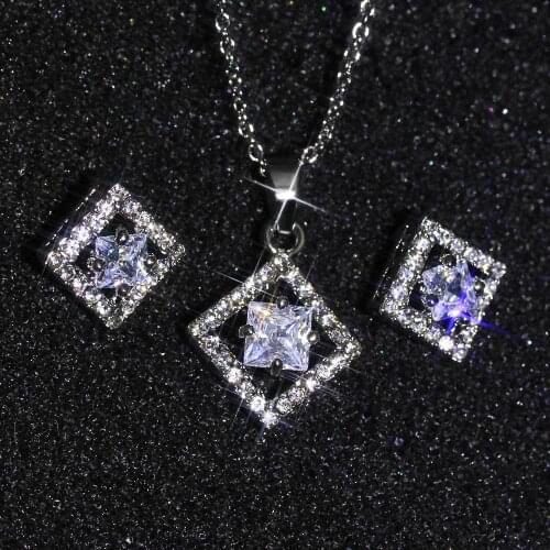 Trendy Female White Crystal Jewelry Set Charm Silver Color Stud Earring For Women Dainty Square Zircon Wedding Chain Necklace