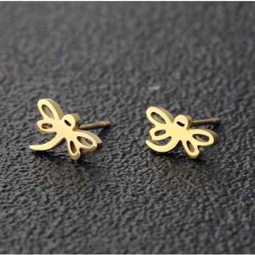 New Korean Fashion Cute Tiny Animal shape Ear Studs Gold Color Dragonfly Stud Earrings for Women Stainless Steel Ear Jewelry
