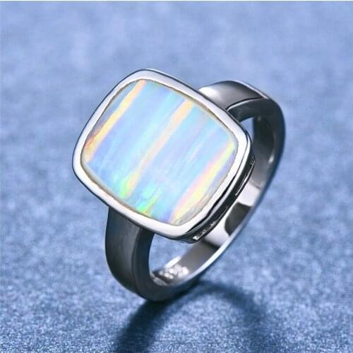 Luxury Men Women Big Stone Ring Blue White Fire Opal Ring Silver Color Wedding Band Jewelry Promise Boho Engagement Ring